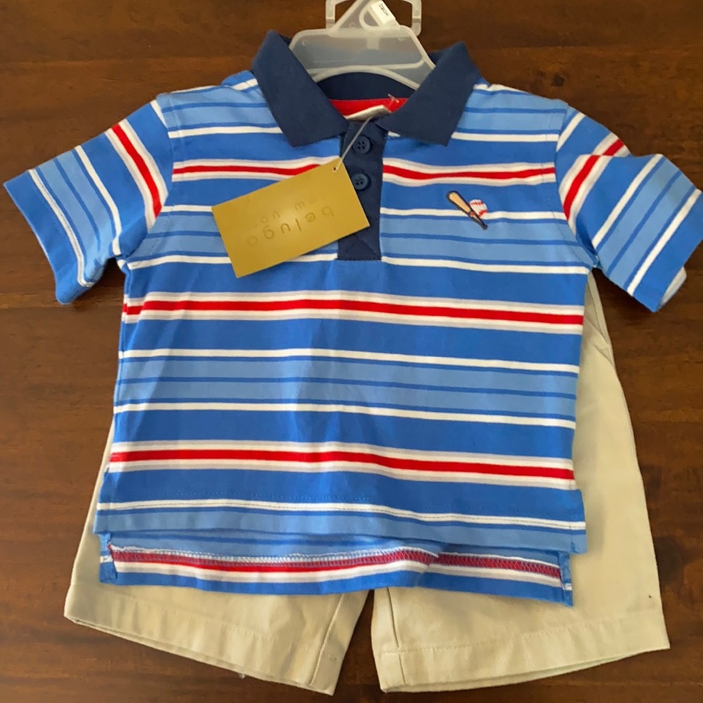 Two piece baseball collared tee and khaki shorts